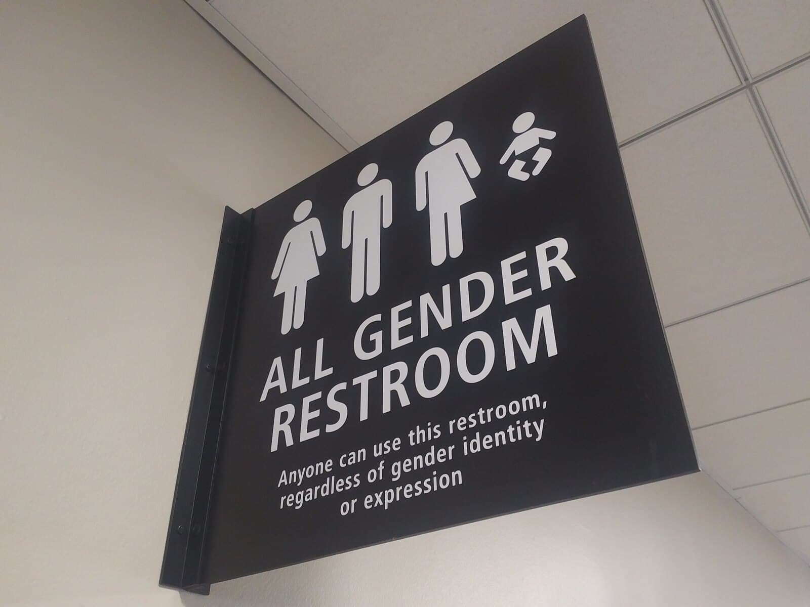 A black All Gender Restroom wall sign showing figures of a woman, a man, a combined figure, and a baby changing symbol, with the line anyone can use this restroom regardless of gender identity or expression.