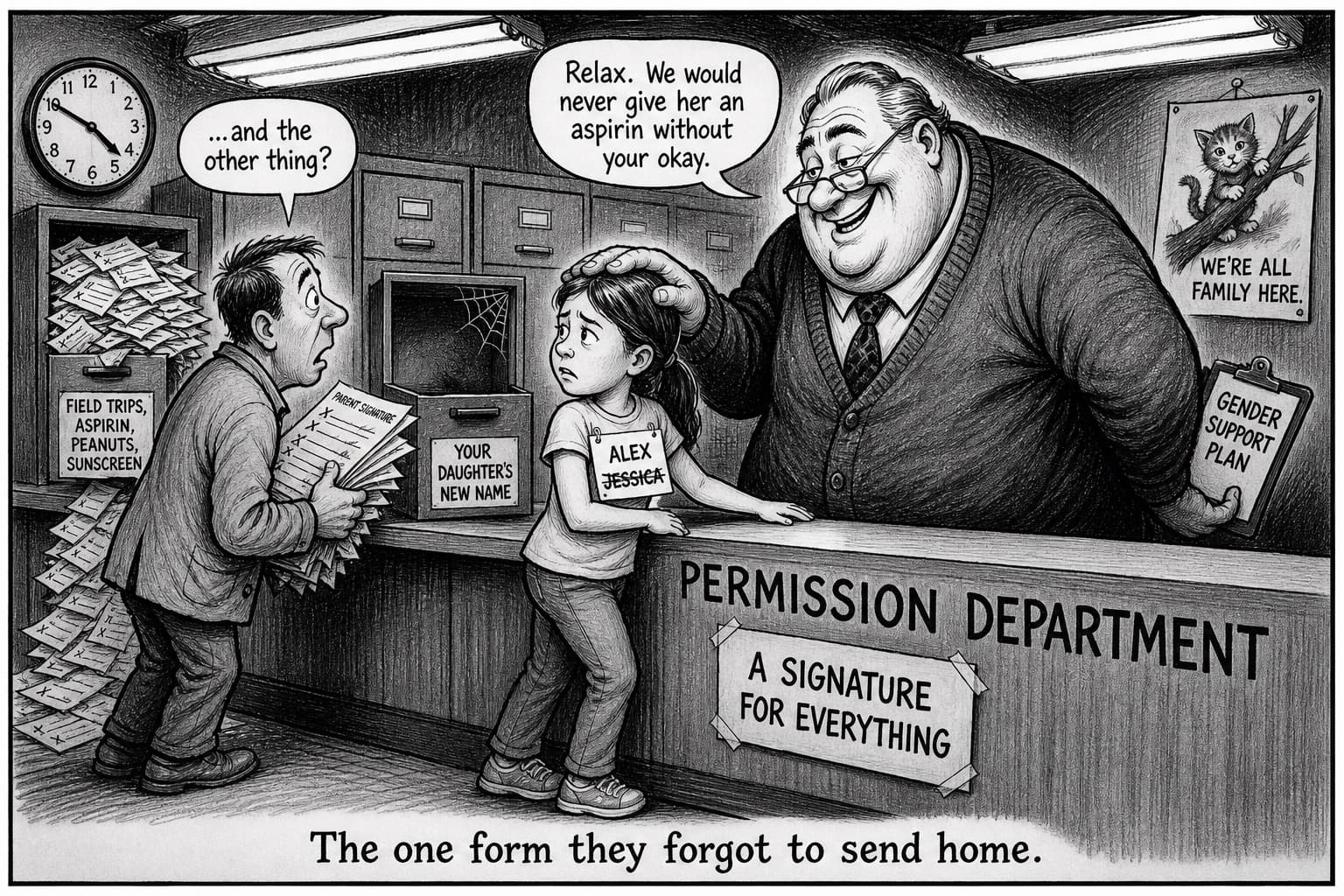 A towering school official at a PERMISSION DEPARTMENT counter pats a small girl's head while hiding a GENDER SUPPORT PLAN clipboard from her worried parent