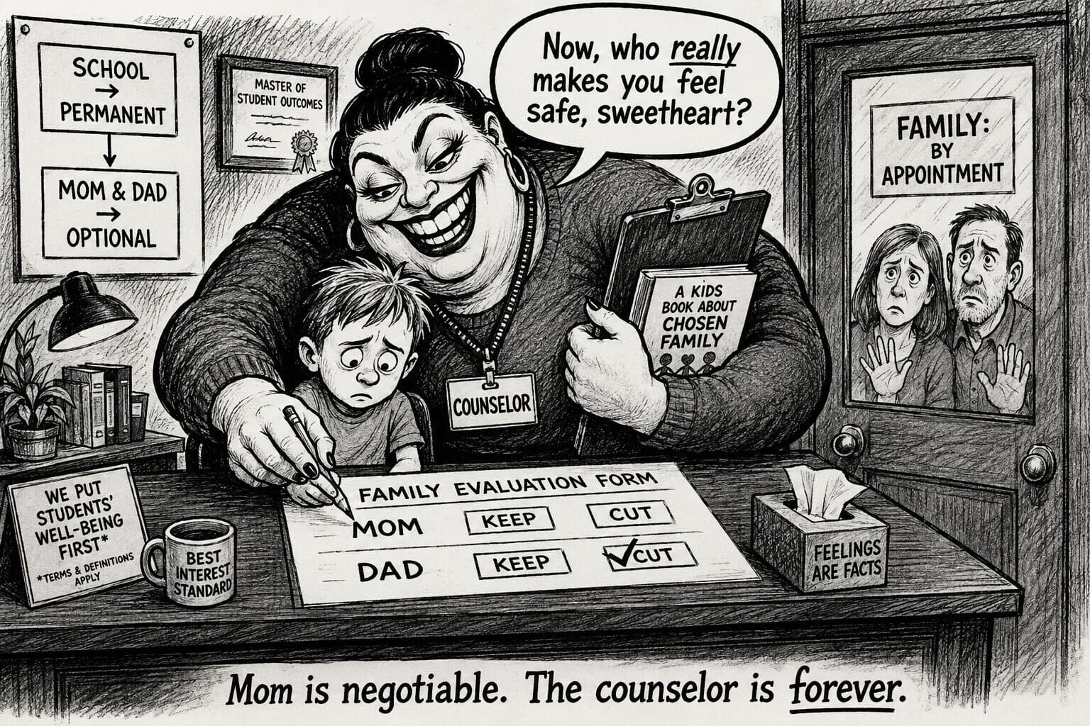 A black-and-white editorial cartoon: a grinning school counselor looms over a small child filling out a 'Family Evaluation Form' that rates Mom and Dad 'keep' or 'cut,' while two parents are shut outside the office door.