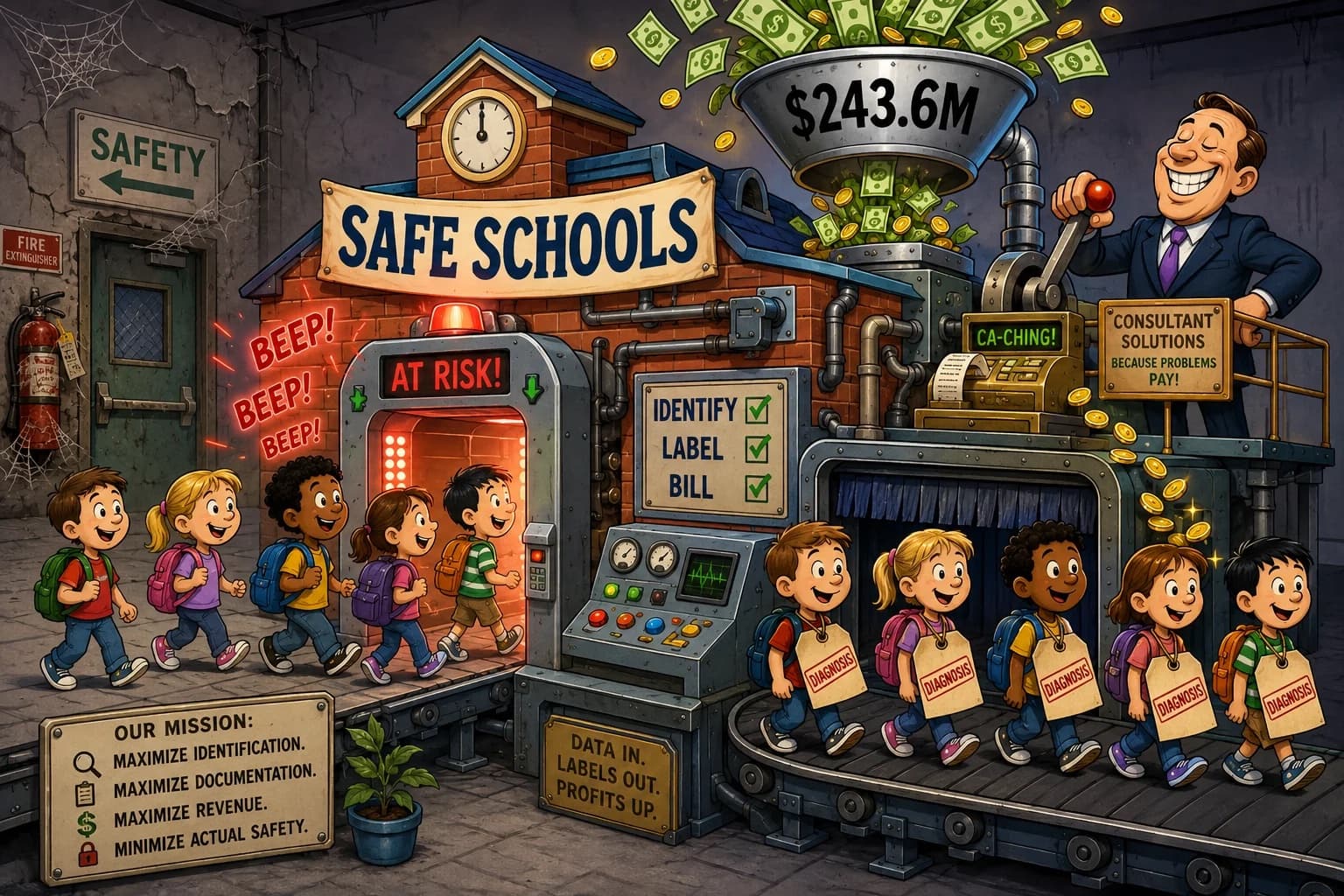 A satirical editorial cartoon of a factory labeled Safe Schools that runs cheerful children through an At Risk scanner and out as tagged Diagnosis cases, while a grinning consultant cranks a lever and money pours in