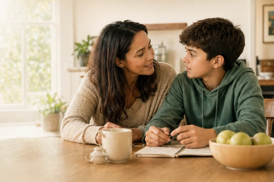 Mother having a caring conversation with her son about school