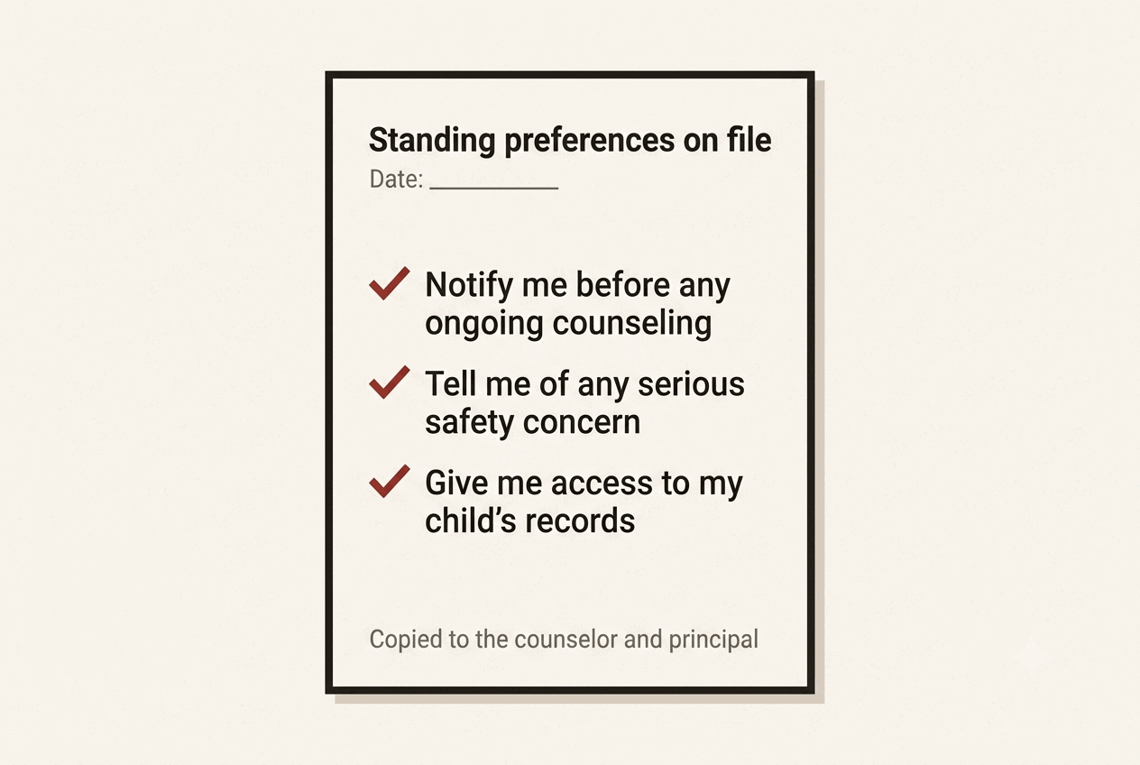 Infographic of a dated standing preferences letter, copied to the counselor and principal, with three checked requests: notify me before ongoing counseling, tell me of any serious safety concern, and give me access to my child's records