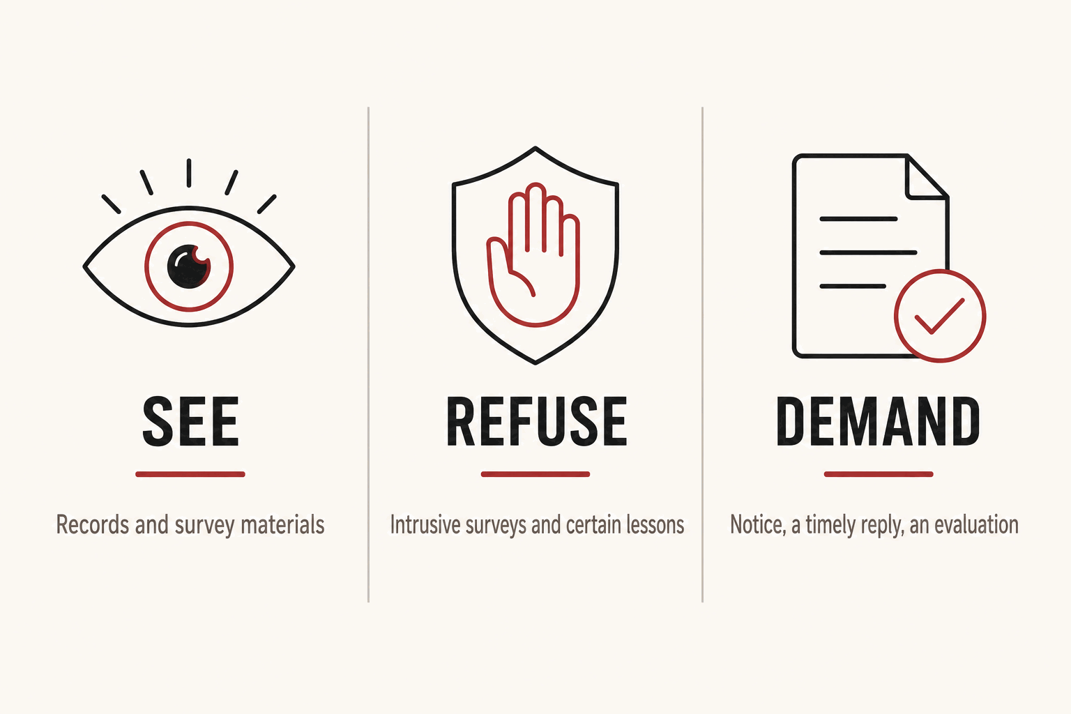 Infographic of the three parental levers in a public school: See, Refuse, and Demand, with the federal law behind each